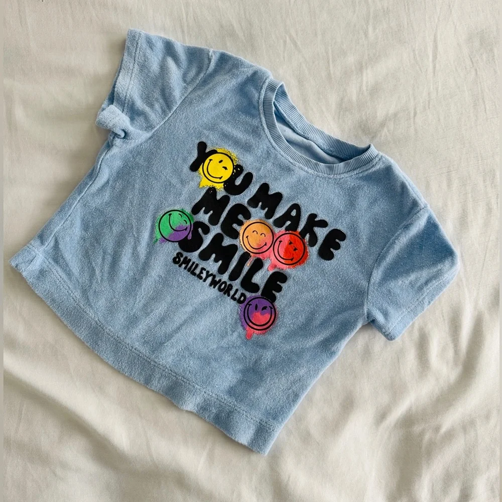 H&M x SmileyWorld Terry Crop Top Shorts Set Girls Sz 4-5 Blue Graphic Tee Smile